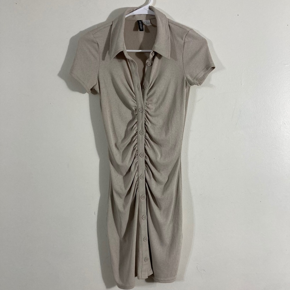 H&M Divided Ruched Mini‎ Dress Womens XS Beige Ribbed Button Down